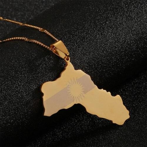 Stainless Steel Kurdistan Map Pendant Necklaces Kurdish Flag Map Jewelry