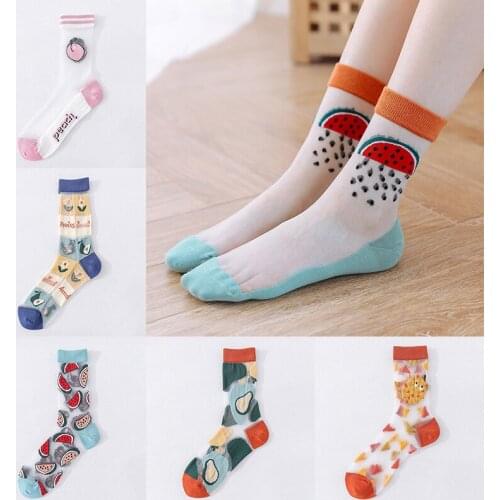 Summer Transparent Glass Silk Sock Kawaii Fruit Peach leopard Strawberry Pattern Womens Thin Cute Crystal Socks for Girl Sox