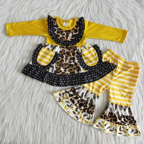 New Lovely RTS wholesale Cute Little Pocket Leopard Toddler Girls Tops Bell Bottoms Outfits Boutique Kids Fall Clothing-Sets