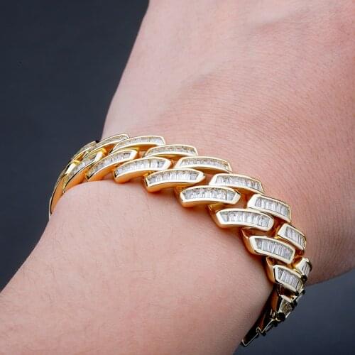 New Fashion Bracelet 18mm Baguette Prong Cuban Link Bracelet CZ Iced Out Chain High Quality Hip Hop Luxury Jewelry for Gift