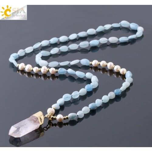 CSJA Boho Irregular Natural Stones Pearl Necklace Knotted Rope White Crystal Drop Pendant for Women Sweater Chain Necklaces F774