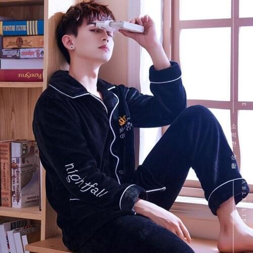Coral Fleece Pajamas Mens Winter Long Sleeve Sleepwear Suit Home Clothing Thickened Flannel Plus Velvet Leisure Nightgown H5645