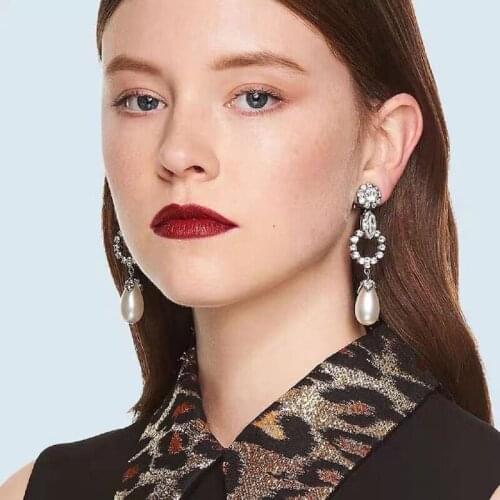 Crsytal zircon flower pearl dangling earrings clip on ear without piercing glitter nightclub party earrings for women