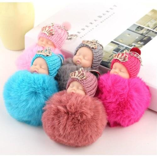 Sleeping Baby Doll Keychain Pompom Faux Rabbit Fur Ball Baby Toy Women Trinket Bag Charms Stuffed Animals