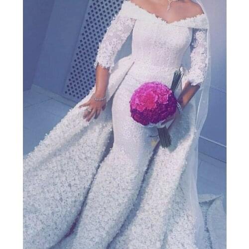 Wedding dresses 2019 off the shoulder lace appliques flowers detachable train bridal dresses arabic vestidos de noiva