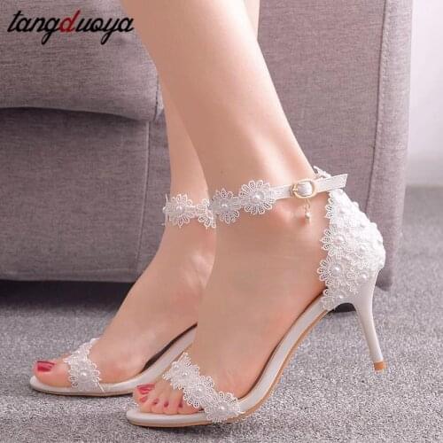 White Heels Lace Bride Shoes Wedding Shoes sandals ankle strap pumps women shoes 7.5CM Bridal Shoes Zapatos de mujer 33-42