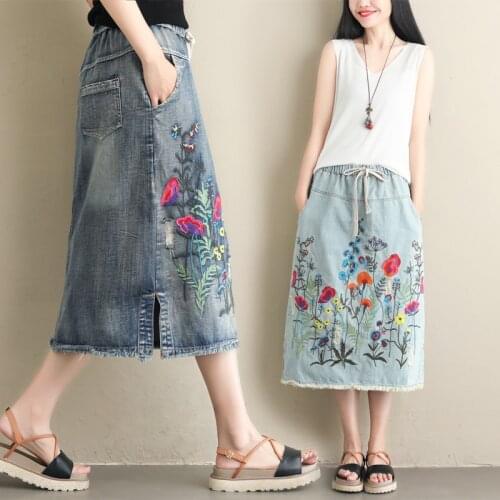 2021 Autumn Winter Big Size Women Floral Embroidered Denim Maxi Skirt Elastic Waist Streetwear Vintage Jean Pencil Skirts