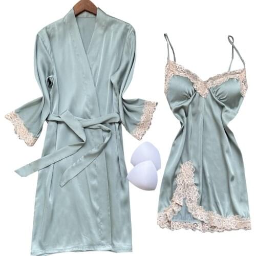 2021 New Summer Sexy Lace Robe Gown Sets Women Nightdress+Bathroe Sleepwear Female Nightwear Homewear Sleep Lounge
