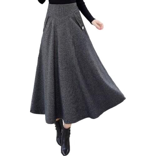 Plaid Woolen Skirt Women 2019 Spring Autumn Fashion High waist Thicken A-Line Skirts Female Large size Elastic waist Long Skirts