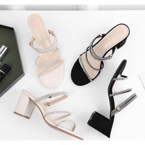 2020 four narrow band diamond summer sandals women thick high heels outdoor slides slip on ankle strap sandalias mujer 2020