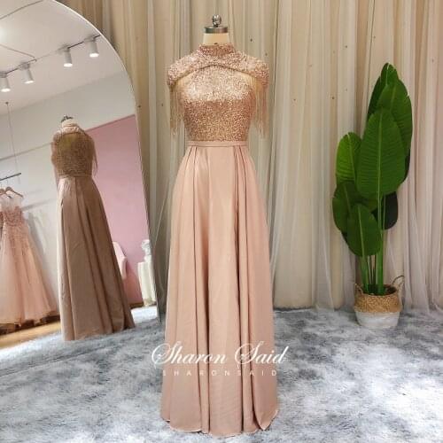 Sharon Said Rose Gold Dubai Evening Dress with Shawl Side Slit Luxury Beading Tassel Arabic Women Long Wedding Formal Prom Gowns