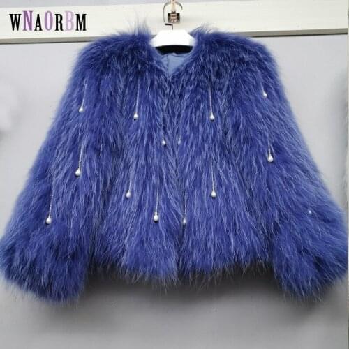 Length 50 cm women knitted real fox fur overcoat new fashion stlye female coat Raccoon fur Hand woven coat beads detachable