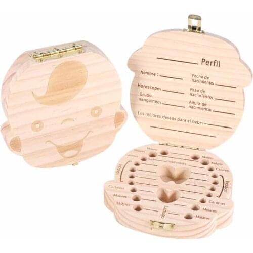 Tooth Box Portugal English dutch Spanish Russian French GermanText Baby Boy Girl Wood Case Save Milk Teeth Organizer Holder