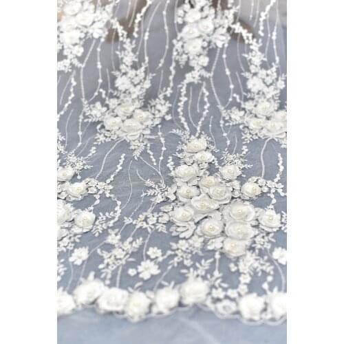 1Yards 3D beaded tulle Lace Fabric for wedding dress French African sequins embroidery laces fabrics off white lace 1 Yard