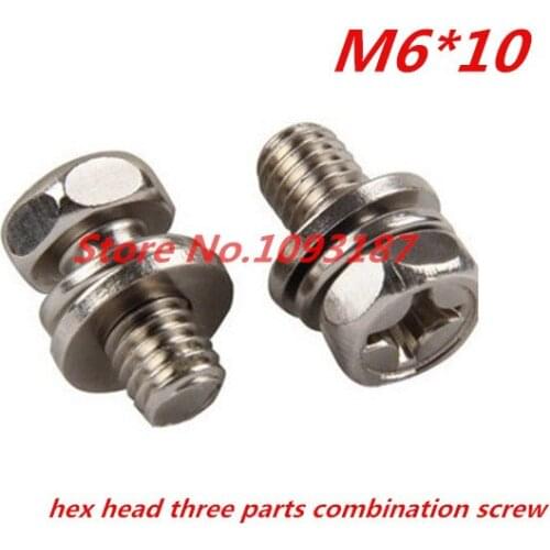 100pcs Steel With Nickel M6*10 Hex head three parts combination machine screws