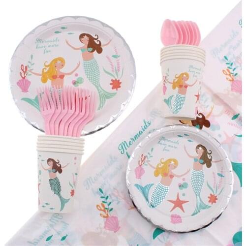 51pcs/set Mermaid Theme Party Tableware Baby Shower Birthday Decoration Party Plates Napkins Disposable Tableware Party Supplies