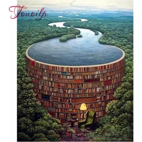 Diamant rond broderie scénique couture point de croix résine plein diamant peinture paysage forêt bibliothèque