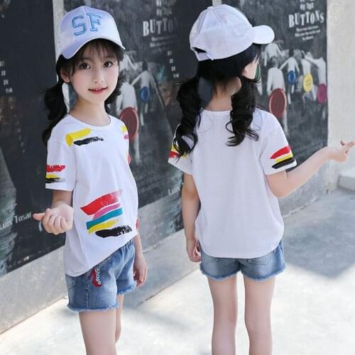 Summer T-shirt for Girls Graffiti White Top Tees Kids Short Sleeve Cotton Shirts Clothes for Girls 5 6 8 10 12 14 Years Old