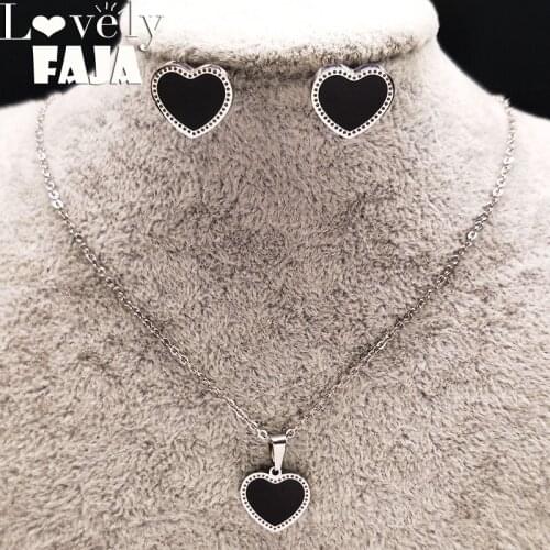 2021 Heart Stainless Steel Enamel Jewelry Sets for Women Black Silver Color Earrings Necklace Set Jewelry pendientes 178562