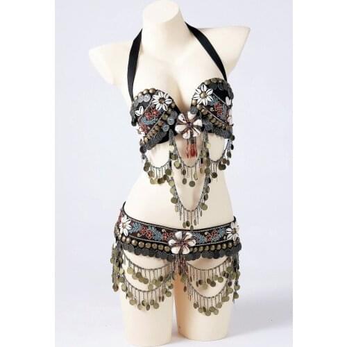 Tribal Belly Dance 2 Pieces Shells Bra and Belt Costume Set with Coins Shells Brass Chain Fringe Swags ATS