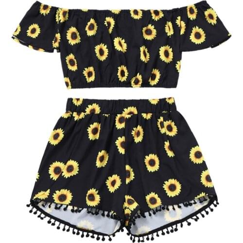 Swimsuit Women Off Shoulder Sunflower Print Crop Tops +tassel Shorts Two-piece Outfit Swimwear Womens Swimming Suit Bikini