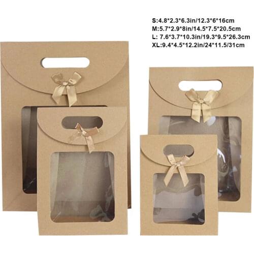 2pcs Kraft Paper Bags With Clear Window Christmas Gift Bags With Handle Bow Cookie Packaging Bags Wedding Party Favor Boxes