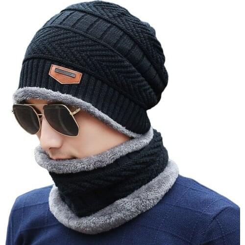 Mens hat autumn and winter knitted wool hat paste cloth plush warm cover hat scarf suit