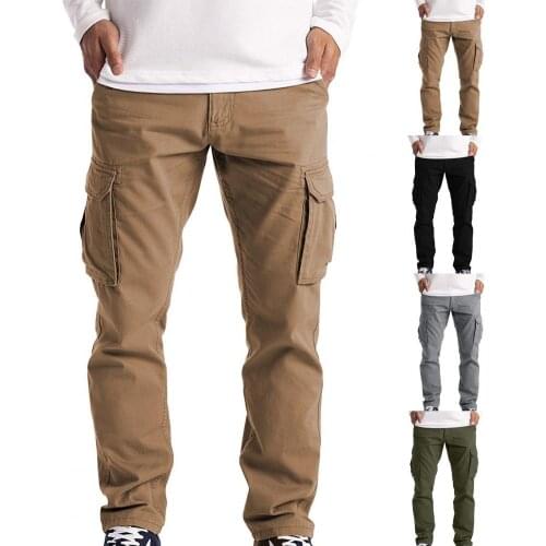 80%HOTCargo Pants Solid Color Multi Pockets Men Mid Waist Straight Sweatpants for Working