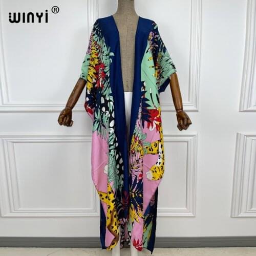 2021 WINYI traf Cotton Bikini Sweet Lady Pink Boho Print Self Belted Front Open Long Kimono Dress Beach Tunic Women Wrap Dresses