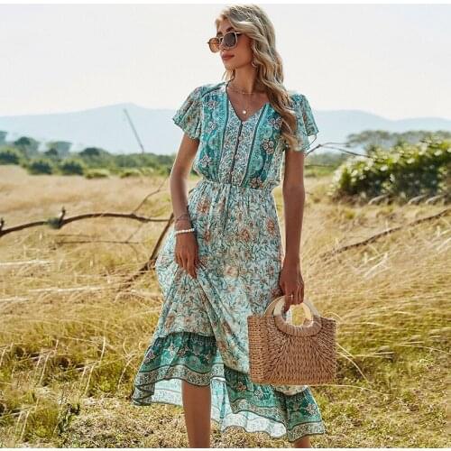 Casual Holiday Style Printed Dress Vintage Pattern Short-sleeved Fashion Cotton Holiday Long Vestido