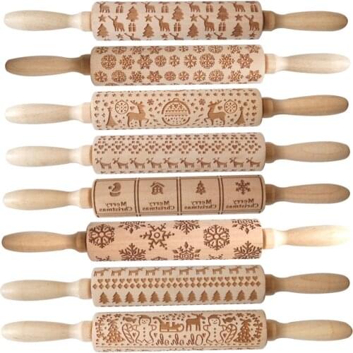 Christmas Embossing Rolling Pin Baking Cookies Noodle Biscuit Fondant Cake Dough Engraved Roller Reindeer Snowflake