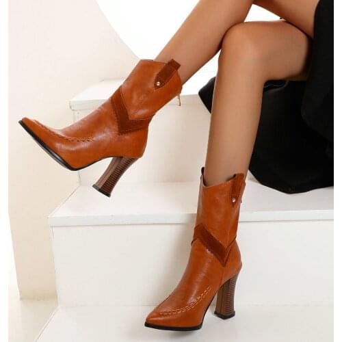 Ladies Mid Calf Boots Color Matching Rivet Street Fashion Boots Ladies Pointed High Heel Zipper Autumn Winter Womens Shoes