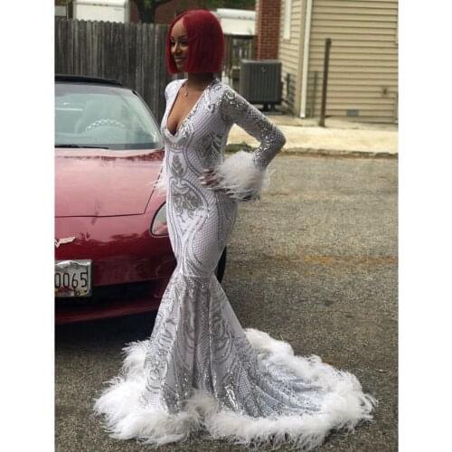 Mermaid Silver Prom Dresses 2019 Plunging V Neck Sequined Long Sleeves Party Dresses Evening Gown Vestido de festa DP0506