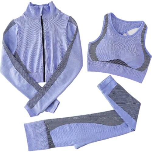 Sports Gym Clothing Long Sleeves Shirts With Zipper Running Trousers Crop Top Bra 2/3Pcs Yoga Set Workout Clothes For Women S-XL