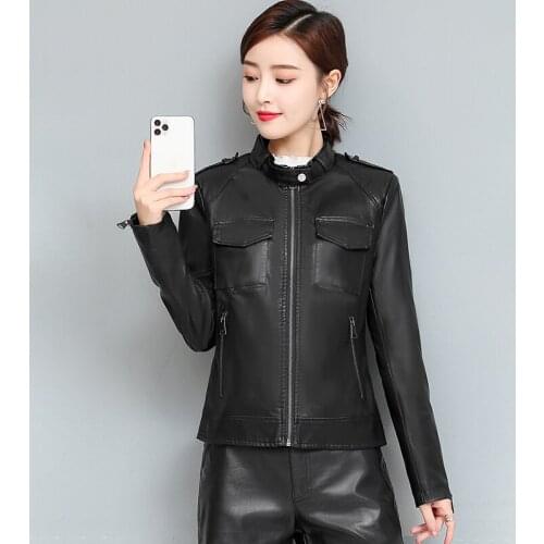 2021 New Autumn Motorcycle Streetwear Women Faux Leather Jacket Casual Biker Washed PU Leather Jackets Female Black Outwear
