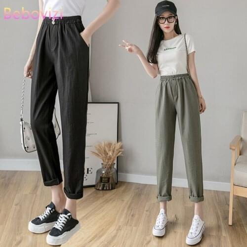 Women Cotton Green Gray Blue Black Pant Summer Autumn Office Lady 2021 New Solid Loose High Waist Ankle-Length Harem Pants