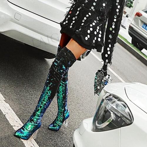 Handmade LAIGZEM Womens Thigh High Boots Sequined Glitter Over Knee Clear Heels Side Zip Shoes Botines Mujer Large Size 42 43