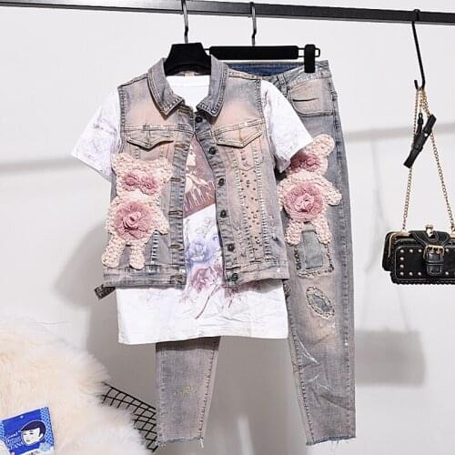 Denim Jacket In Womens Two Piece Sets 2019 Spring New Fashion Beaded Hot Stamping Stretch Denim Waistcoat + Jeans Femme Suits