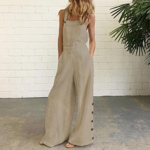 2021 New Fashion Womens Clothing Solid Color Sleeveless Side Pocket Casual Loose Wide Leg Side Buckle Sling Jumpsuit Overalls