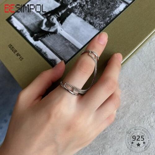 Besimpol Real 925 Sterling Silver Ring French Style Trendy Double Layer Link Chain Ring For Women Casual Fine Jewelry Charm Gift
