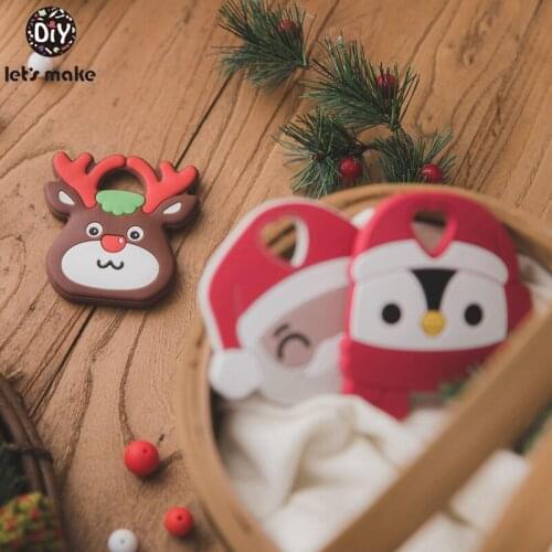 Lets Make 1PC Christmas Baby Animal Silicone Teethers Santa Claus Penguin Elk Baby Teething Product Food Food Grade Silicone