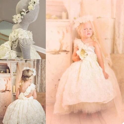2021 Pearls Beading Ball Gown Flower Girl Dresses For Wedding Beaded One Shoulder Appliqued Toddler Pageant Gowns Kids Prom