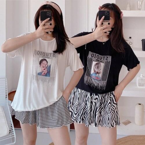2021 Summer Short Sleeve Shorts Modal Pajama Sets for Women Cute Cartoon Loose Sleepwear Suit Homewear Pijama Mujer Home Clothes