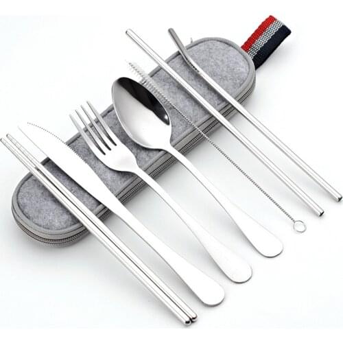 7pcs Cutlery Set Spoon Fork Knife Stainless Travel Camping Straight Bent Drinking Straw With Case Cleaning Brush Metal Reusable