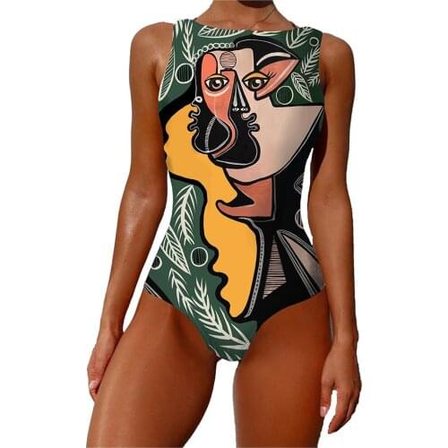 Bikinis 2021 Women One-Piece Bikini Personality Abstract Print Womens Tube Top Swimsuit Sleeveless Swimwear Clothing Female
