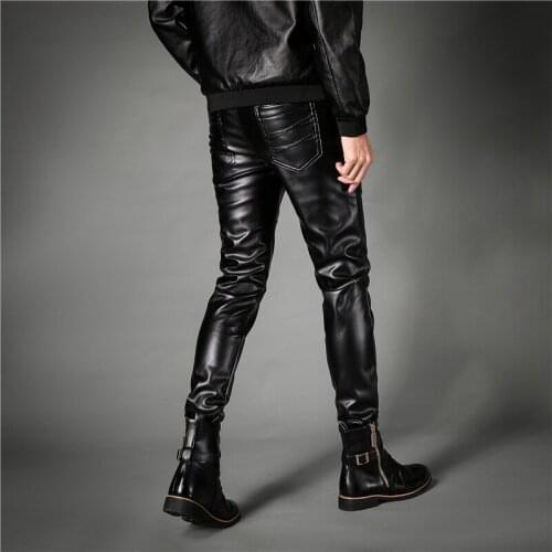 Mens Leather Pants Men Fashion Casual Pant Male Slim Fit PU Leather Locomotive Pants Punk Rock Stage Show Clothing