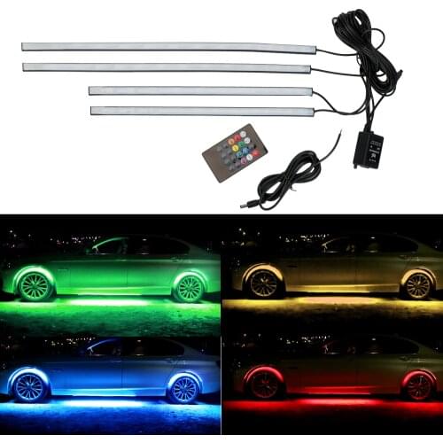 Car Bottom Atmosphere Lamp Underbody Decorative Light Music Active Sound Control 4x 8 Colors Auto LED Strip Neon Light