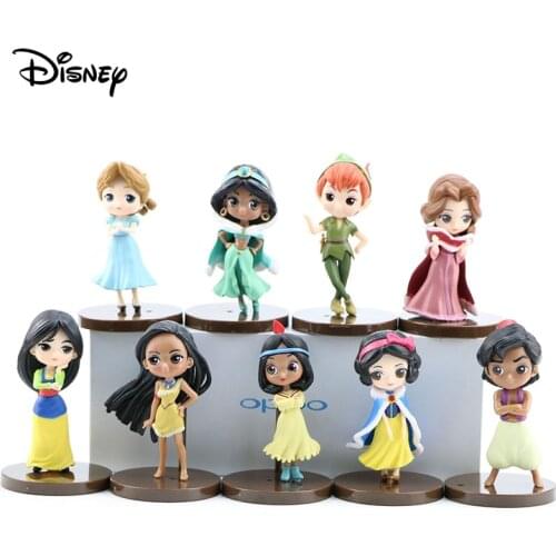 9Pcs 1Set Disney Princess Action Figures Toys Belle Hua Mulan Snow White Model with Base Doll Decoration Children Birthday Gift