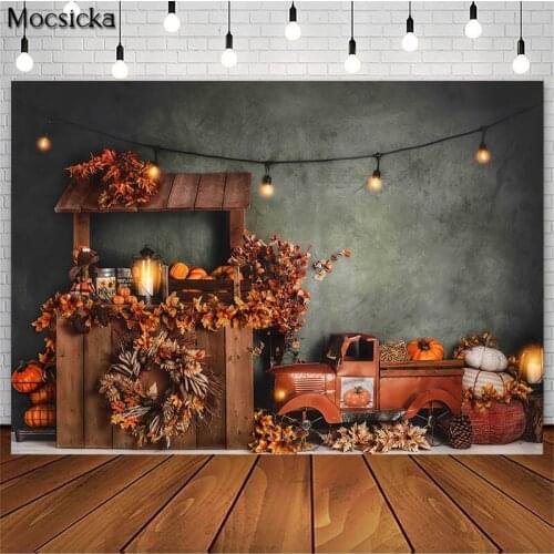 Fall Pumpkin Photography Backdrop Autumn Thanksgiving Harvest Background Maple Leaf Truck Decor Child Birthday Photo Booth Props
