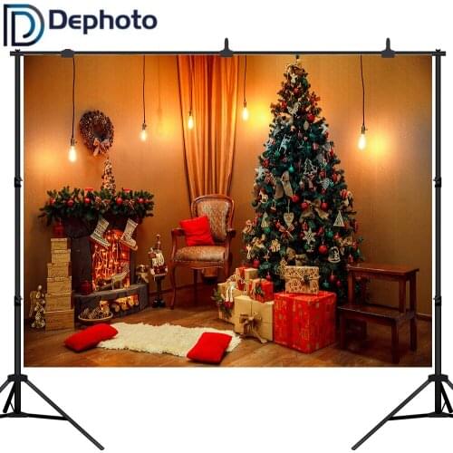 Dephoto Photography Background Christmas Backdrop Christmas Tree Fireplace Gift box Bulb Children Decor Photo Studio